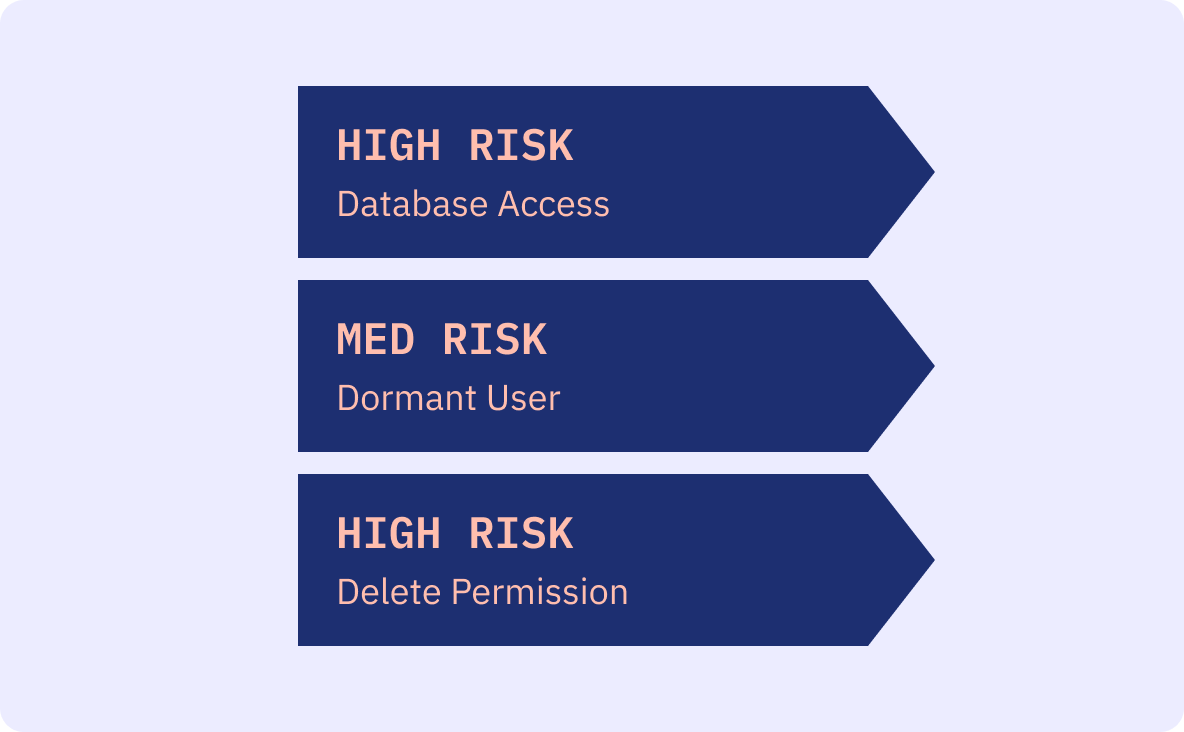 Arrow-shaped infographic showing risk levels for database access — high, medium, low.